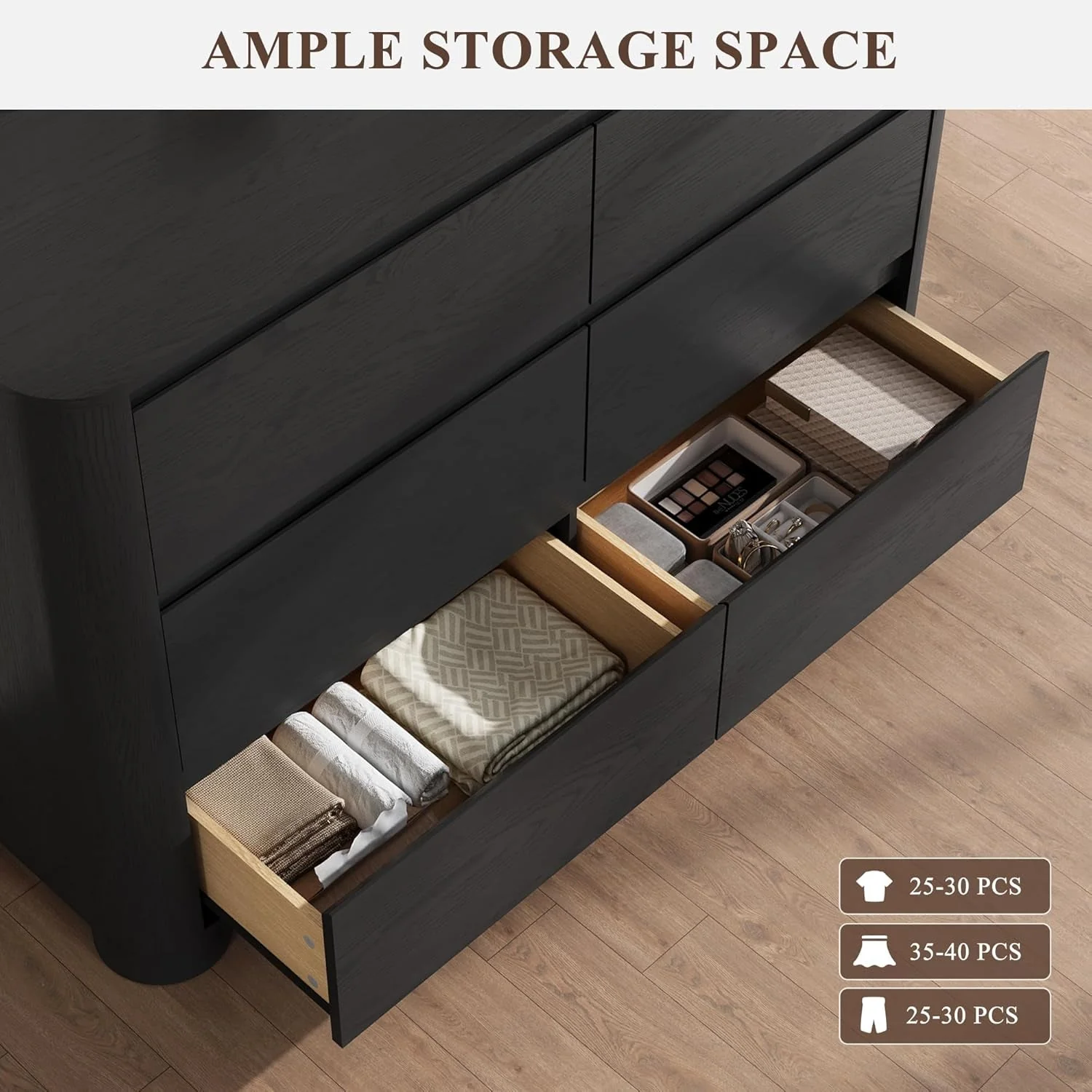 Organic Black Six Drawer Dresser With Contemporary Woodgrain Dependable