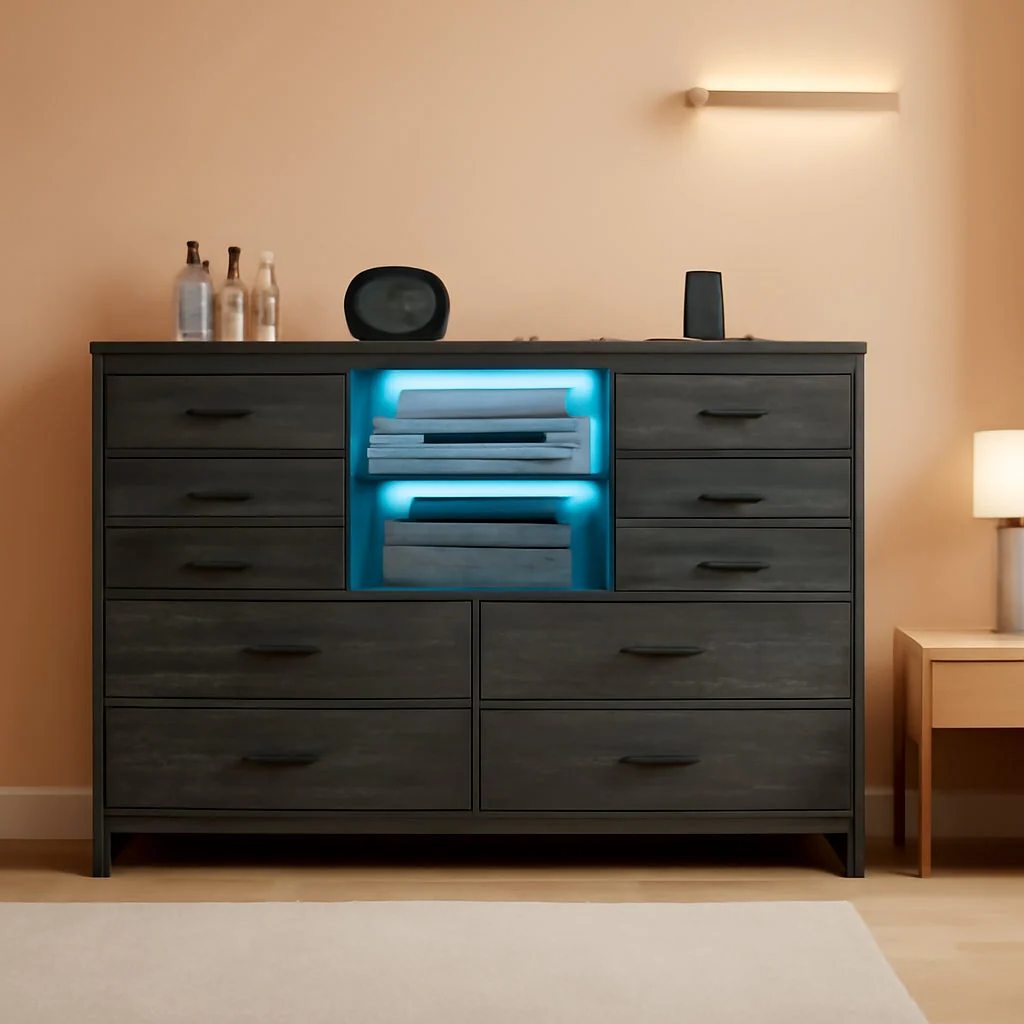 Versatile Twelve Drawer Dresser With LED Illumination Systems Powerful