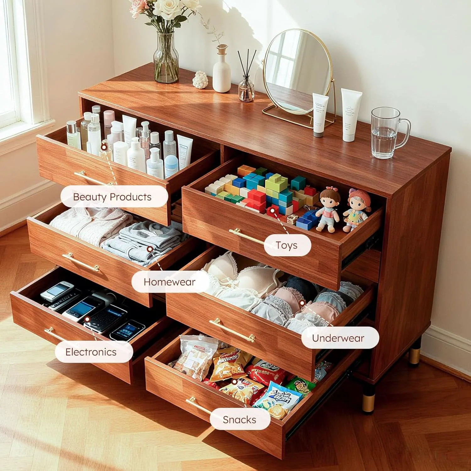 Excellent Walnut Dresser Six Drawer Storage Organizer Cabinet Durable