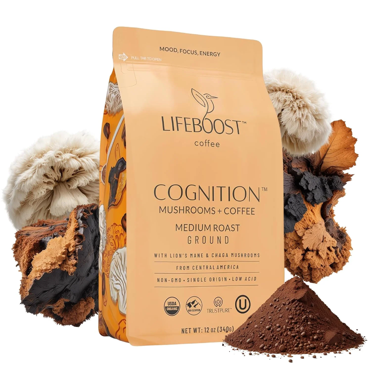 Unique Lifeboost Cognition Focus Coffee for Calm Energy – Lion s Mane Mushroom Coffee with Chaga – Organic Medium Roast Nootropic Coffee – Low Acid Adaptogenic Coffee – 12 oz Ground Eco-Friendly