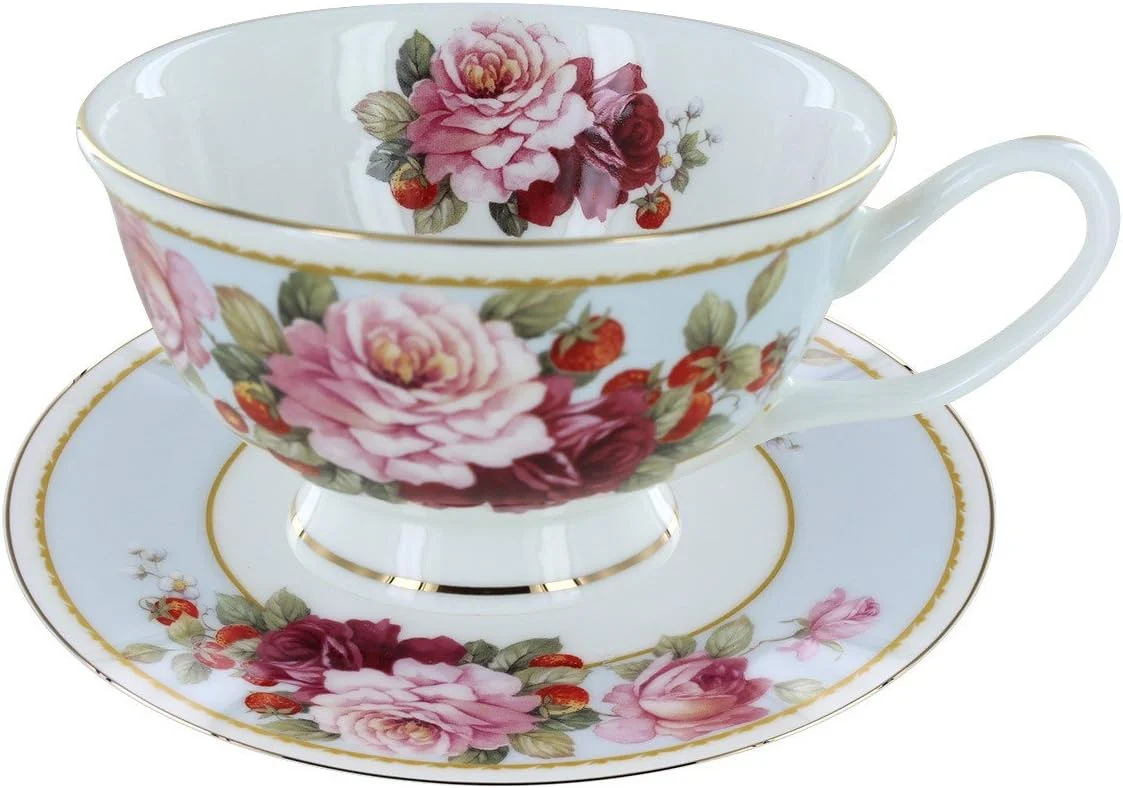 Clean Peony and Strawberry Blue Bone China – Teacup and Saucer Set of 4 Consistent