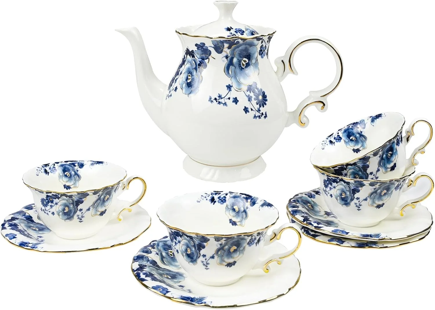 Carefully Designed Bone China Tea Set for Adults 13-Piece Blue and White Porcelain Tea Set for 4 Vintage Floral Tea Set With Teapot and Teaspoons Fast