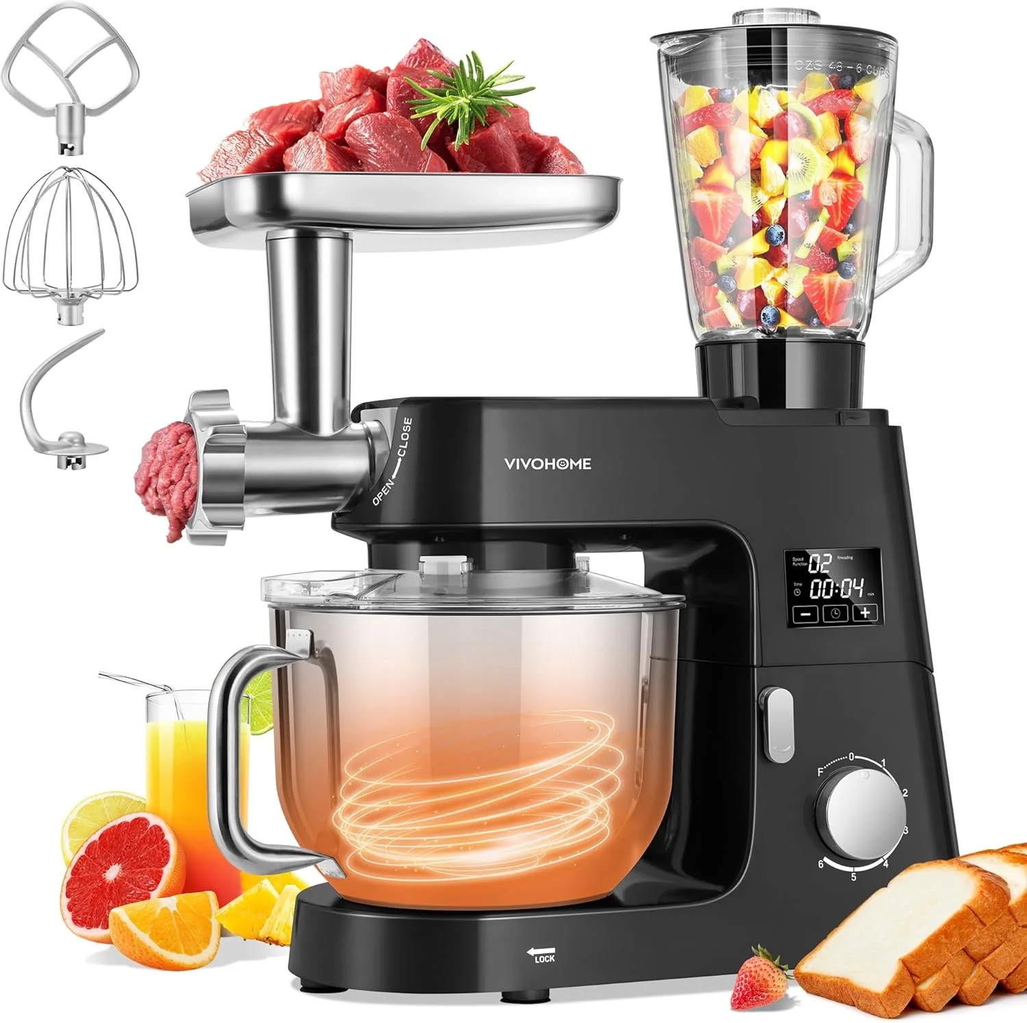 Breathable Vivohome 9 in 1 Multifunctional Stand Mixer with Fermentation 6 Speed 7.5 Quart Kitchen Electric Food Mixer with Timer Meat Grinder Juice Blender Safe