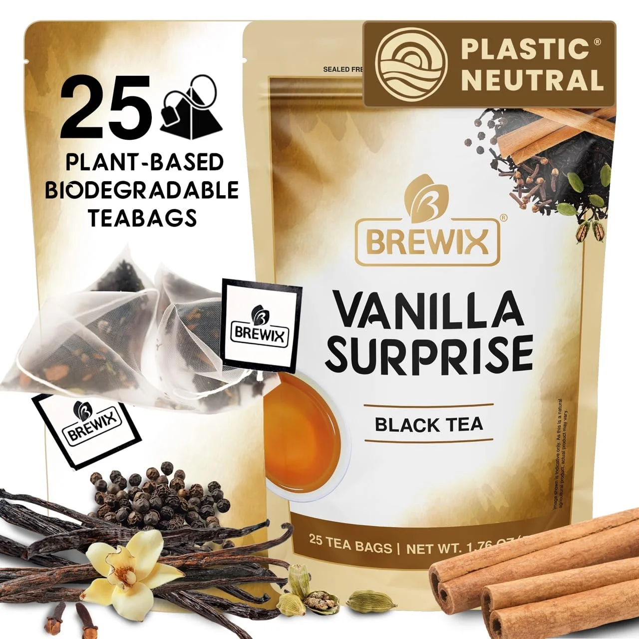 Solid Brewix Vanilla Spiced Chai Tea 25 Pyramid Tea Bags High Caffeine Gluten Blend Of Vanilla Masala Chai Tea Black Tea with Cinnamon User-Friendly