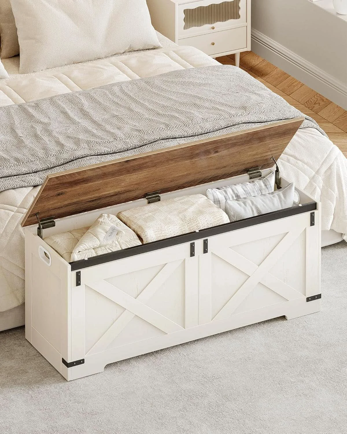 Minimalist Forty Seven Point Two Inch Lift Top Storage Chest White Brown Bench Organic