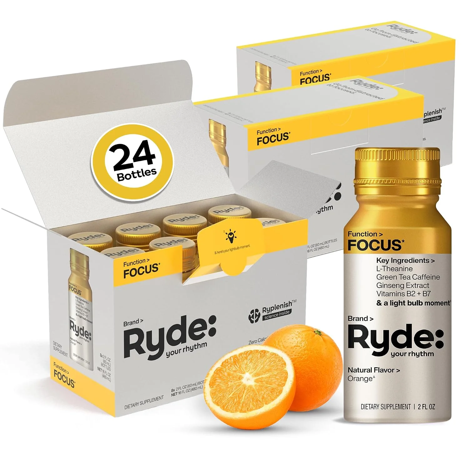 Genuine RYDE Focus Energy Shot Orange Flavor Zero Sugar 2 fl oz 24 Pack mental clarity study support workday alertness daily focus supply Sophisticated