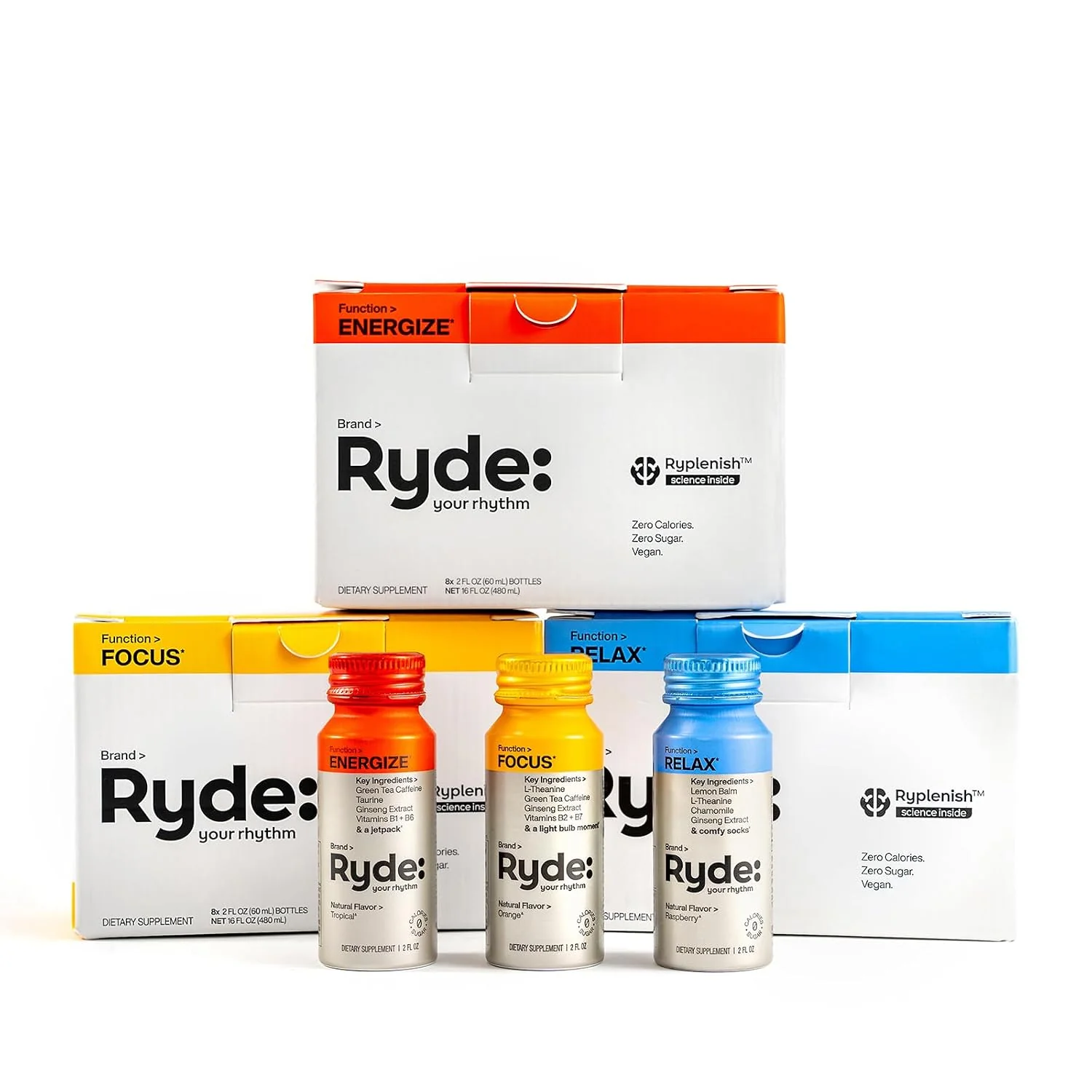 Authentic RYDE Variety Shots Tropical Orange amp Raspberry Flavors 24 Pack energy and focus support calm support three-flavor assortment daily wellness supply vegan zero calorie Healthy