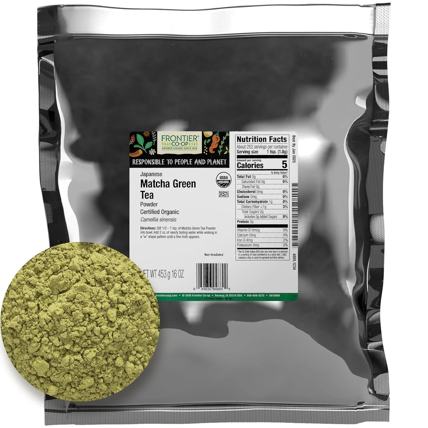 Modern Frontier Co-op Organic Japanese Matcha Green Tea Powder 1-Pound Bulk Heavy Body with Vegetal Flavor Kosher Non Irradiated Specialty