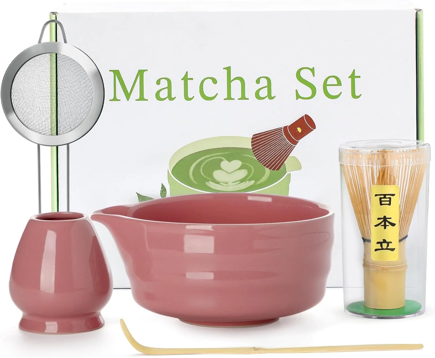 Healthy 5PCS Matcha Set – 17OZ Ceremonial Bowl with Spout Bamboo Whisk Chasen Stainless Sifter Scoop Holder Matcha Kit for Matcha Lovers Pink Clean