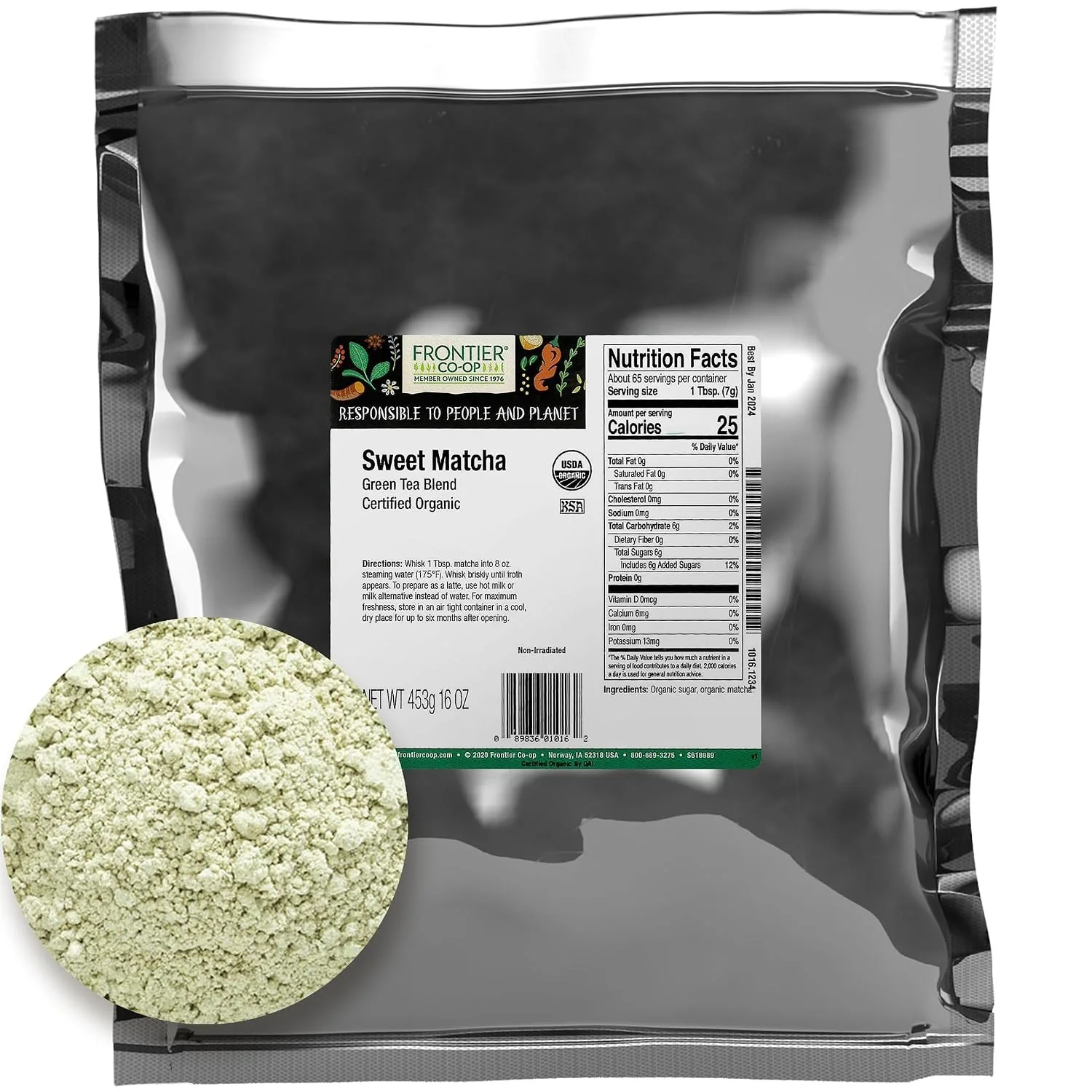 Functional Frontier Co-op Organic Sweet Matcha Green Tea Powder 16 Oz Bulk Bag Pure