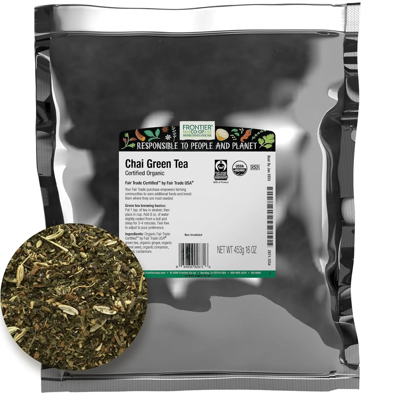 Trusted Frontier Co-op Organic Chai Green Tea 1-Pound Bulk Robust Combination of Green Tea Spices Great as Hot Tea Fair Trade Innovative