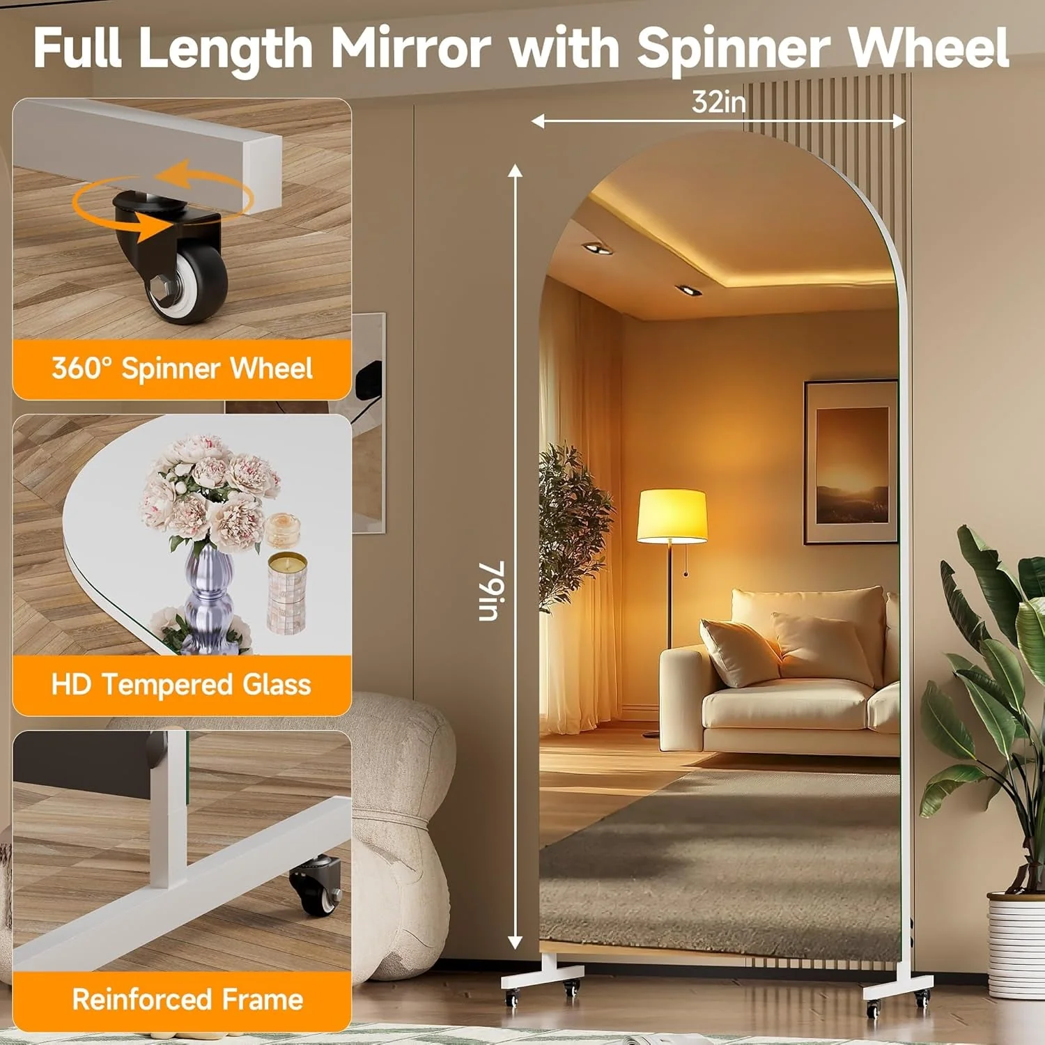 Secure 79 Inches Architectural Full Length Mirror Wheeled Original Design