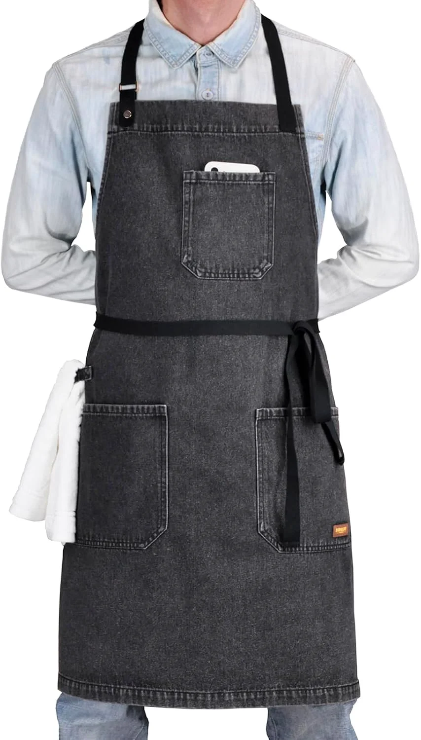 Genuine Cooking Apron with Pockets Mens Womens Professional Kitchen Bib Apron for Chef Grill BBQ Black Denim -2 Sustainable