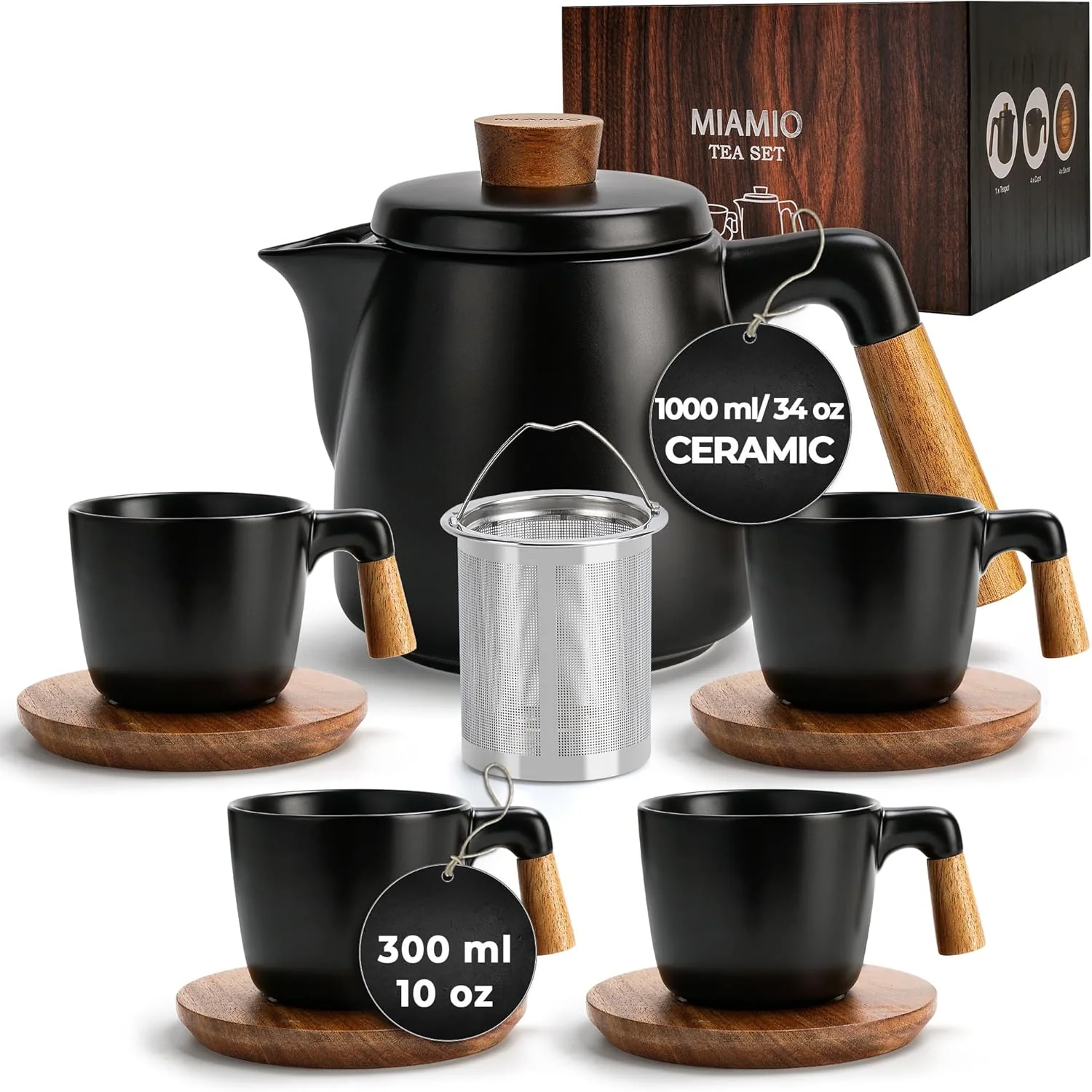 Easy-to-Use Miamio – 34 Oz Ceramic Tea Pot Set with Infuser and Cups Tea Strainer 4 Ceramic Tea Mugs 10 Oz Bamboo Saucers Handle for Home and Office Black Innovative