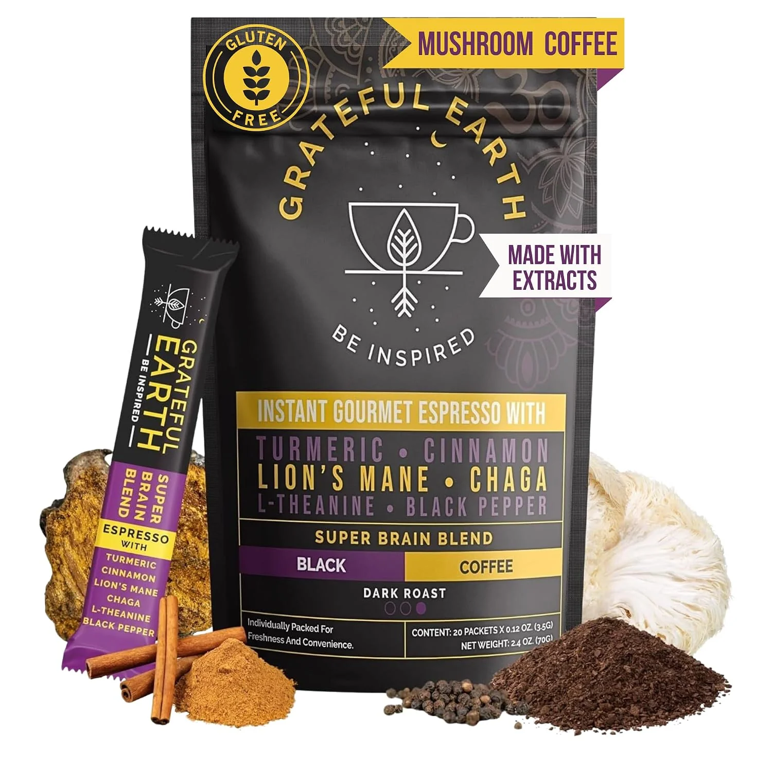 Environmentally Friendly Grateful Earth Instant Espresso Coffee With Lion’s Mane 20 Packets Turmeric Chaga L-Theanine Dark Roast Non GMO Focus Energy Immune Support amp Gut Health Dairy amp Gluten Healthy