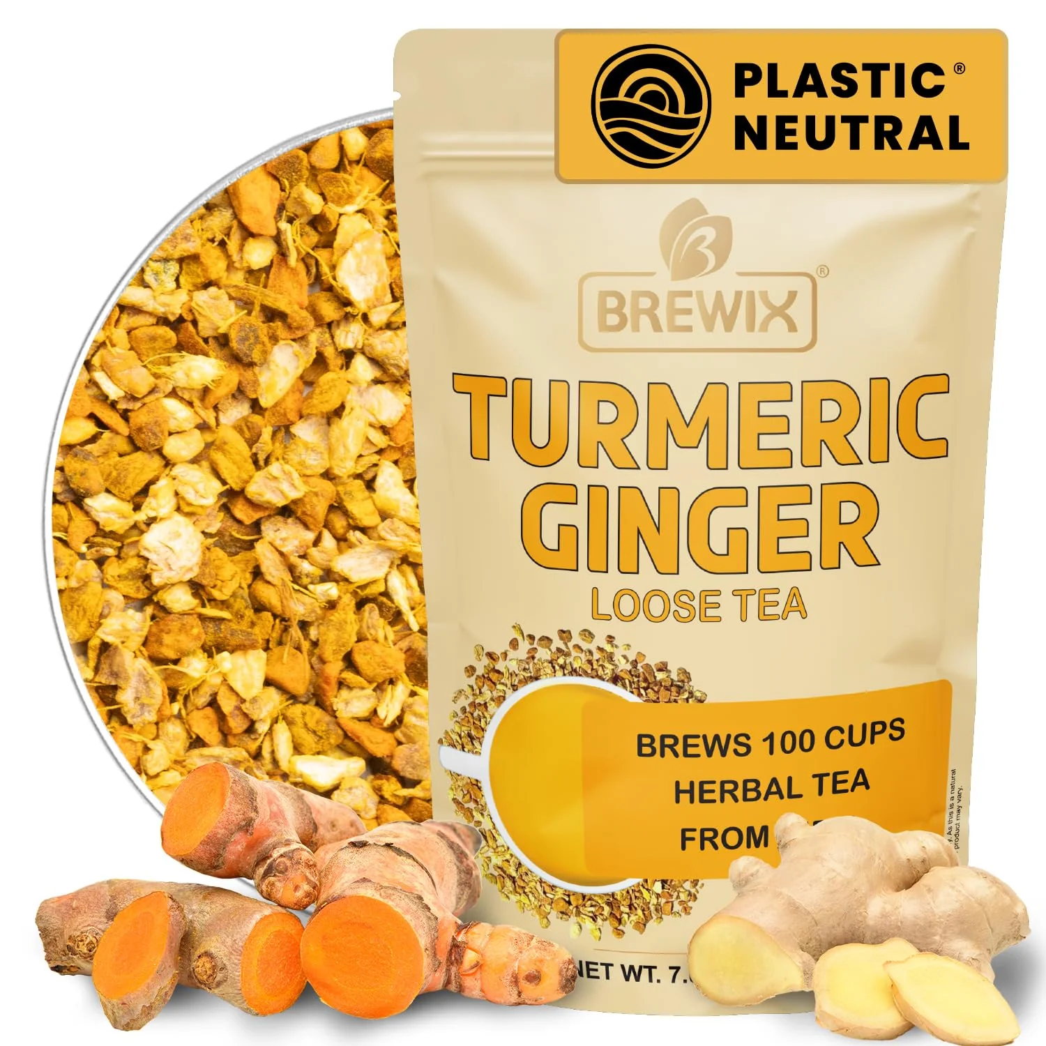 Responsible Brewix Turmeric Ginger Loose Herbal Tea 100 Cups 7.05oz 200g Caffeine Gluten Ginger Root Tea Savory Spicy Fast