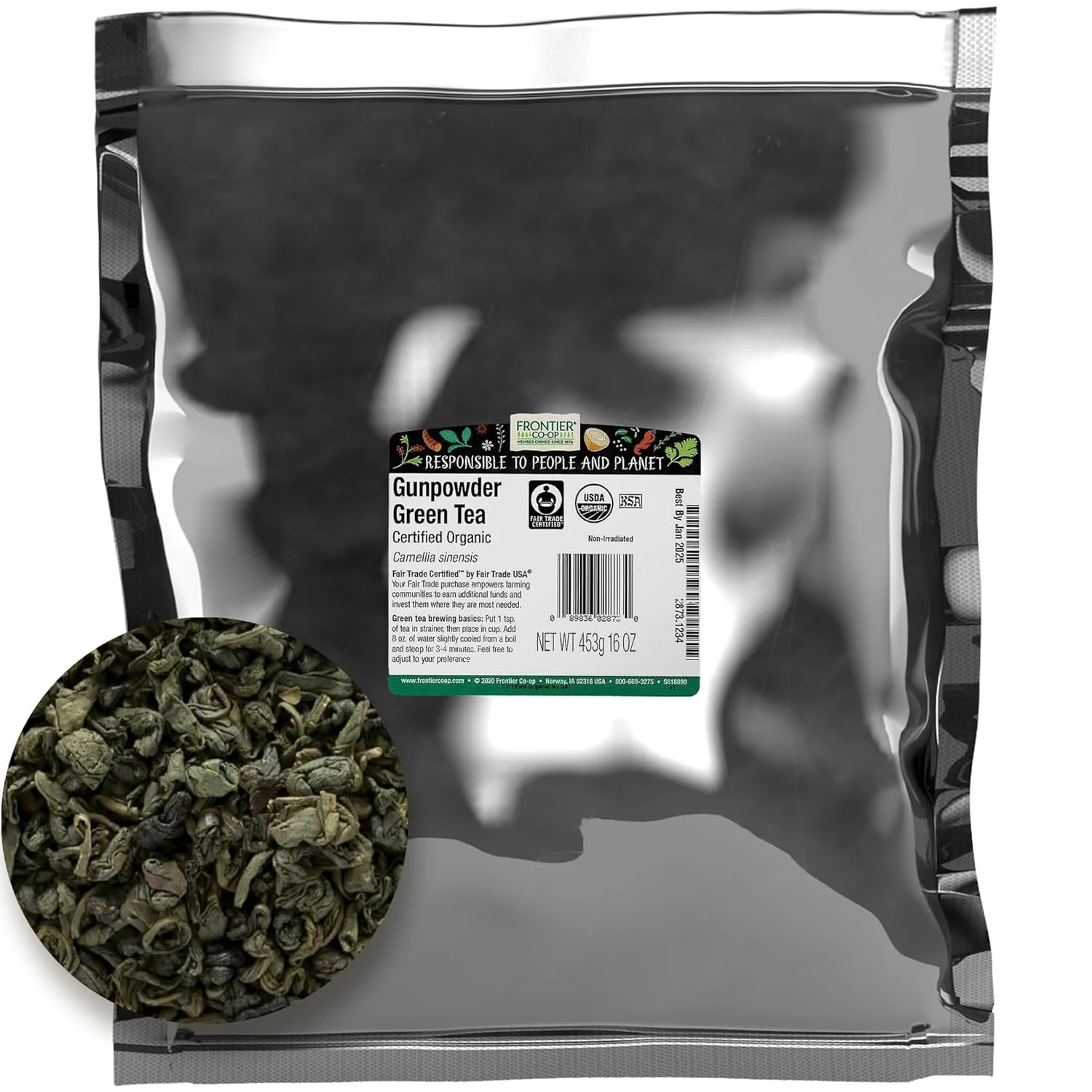 Unique Frontier Co-op Organic Gunpowder Green Tea Leaves 1-Pound Bulk Smokey Green Tea Maintains Freshness Kosher Fair Trade Efficient