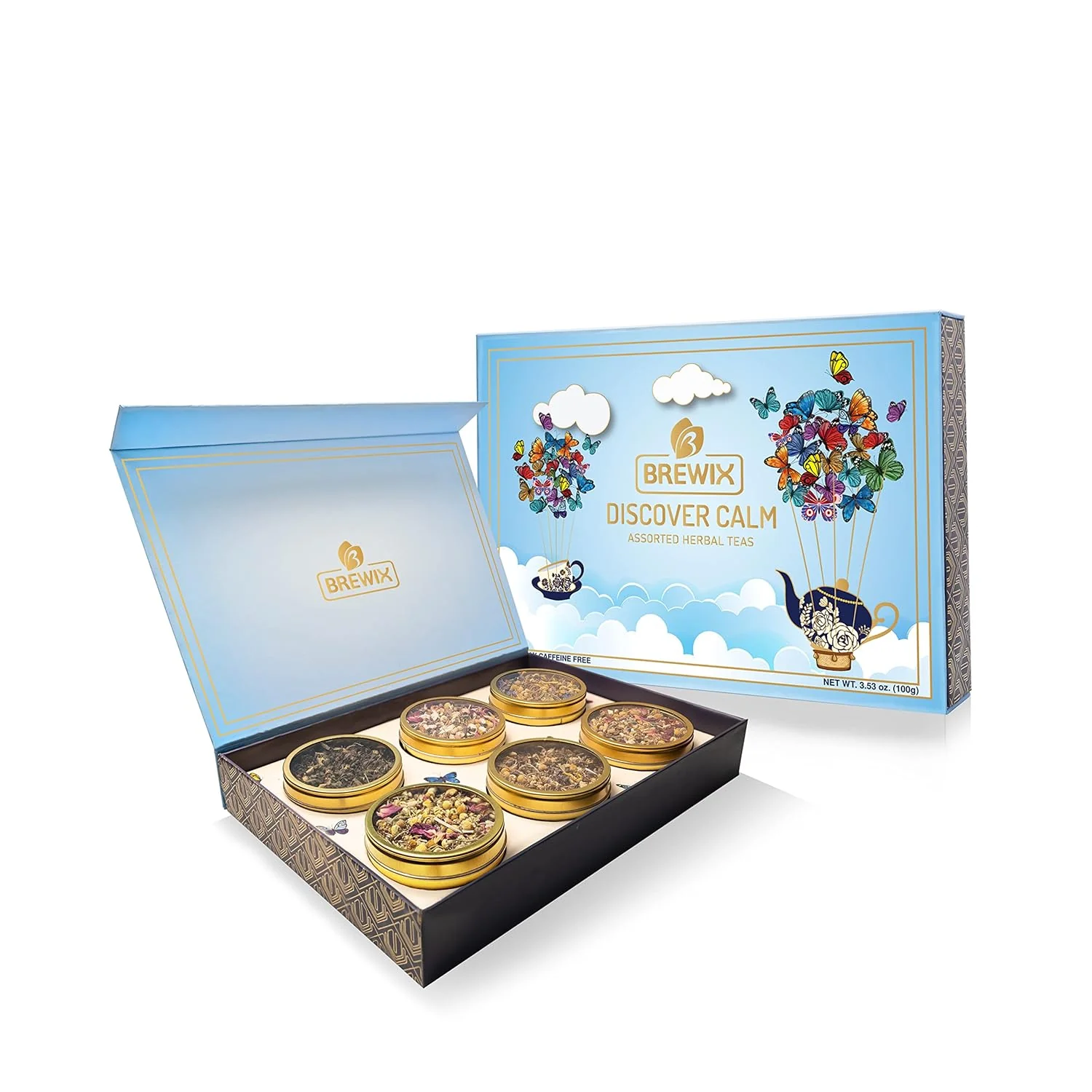 Next-Generation Brewix Discover Calm Premium Herbal Tea Christmas Gift Box 3.53oz 50 Cups Tea Gift Sets For Tea Lover 6 Unique Herbal Teas for Birthdays Selected