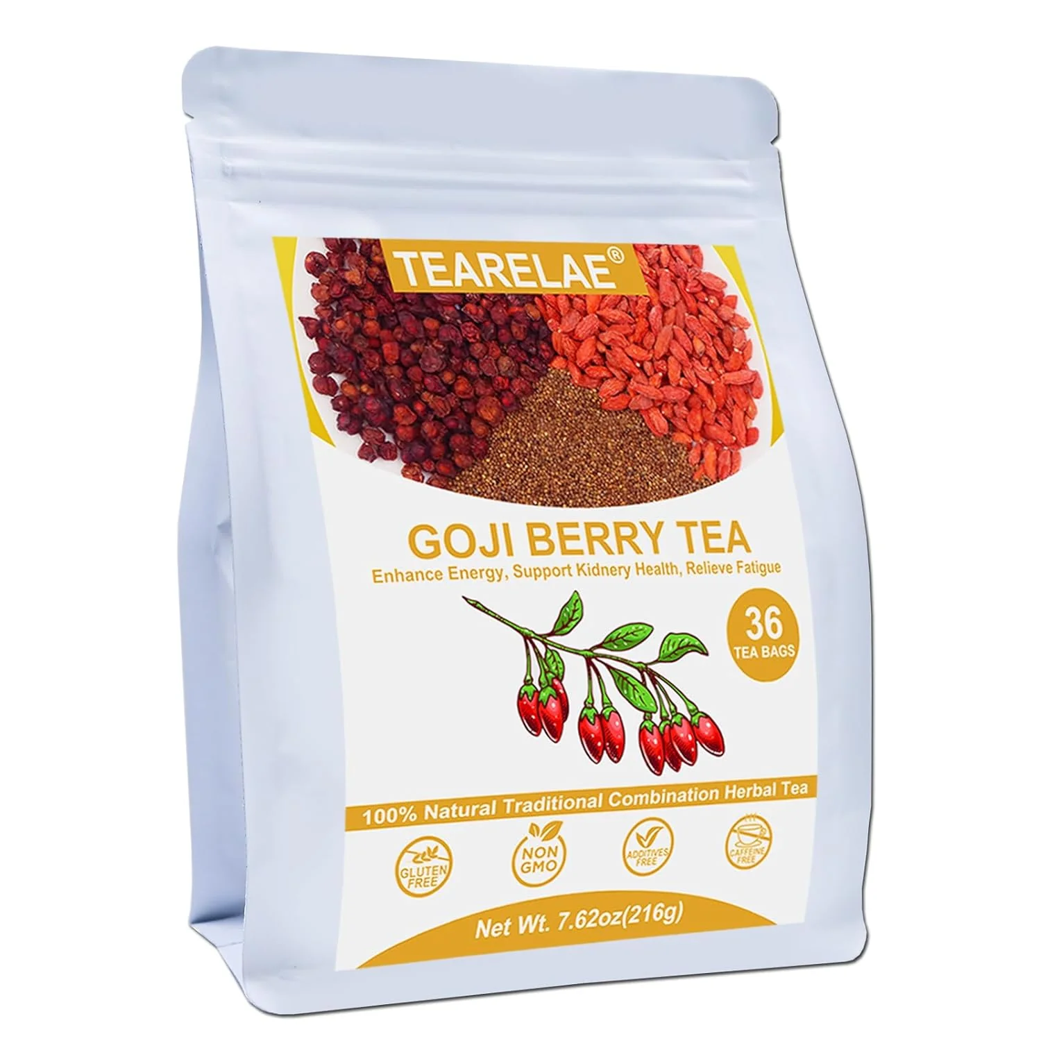 Premium Tearelae – Five Flavors Goji Berry Tea Bags – 6g x 36 Count – Traditional Herbal Tea Combination For Men – Non-GMO – Caffeine- Stylish