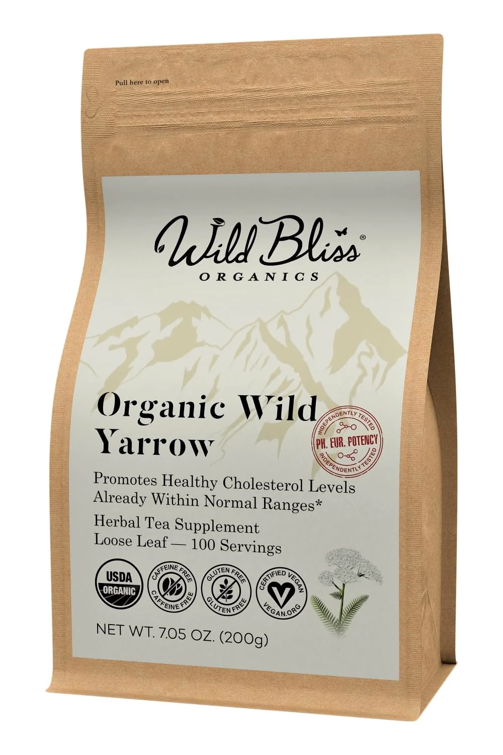 Long-Lasting Wild Bliss Organic Yarrow Flower Tea – Caffeine Loose Leaf Herbal Tea – Pharmacopoeia Potency – 7 Ounces – 100 Servings Refined