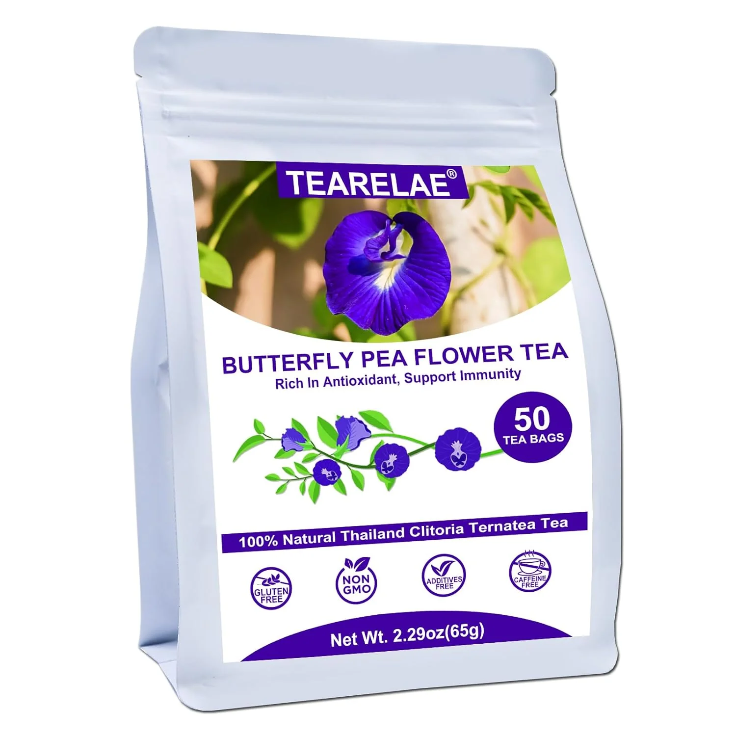 Relaxed Tearelae – Butterfly Pea Flower Tea – 50 Count Butterfly Pea Flower Tea Bags – Natural Coloring for Food Baking Iced Tea – Caffeine- Non-GMO Convenient