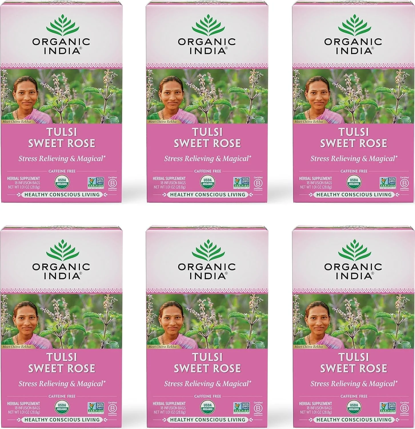 Easy-to-Use Organic India Tulsi Sweet Rose Herbal Tea – Holy Basil Leaf African Basil Chamomilie Lemon Myrtle Stress Relieving Immune Support USDA Organic Caffeine- – 18 Infusion Bags 6 Pack Relaxed