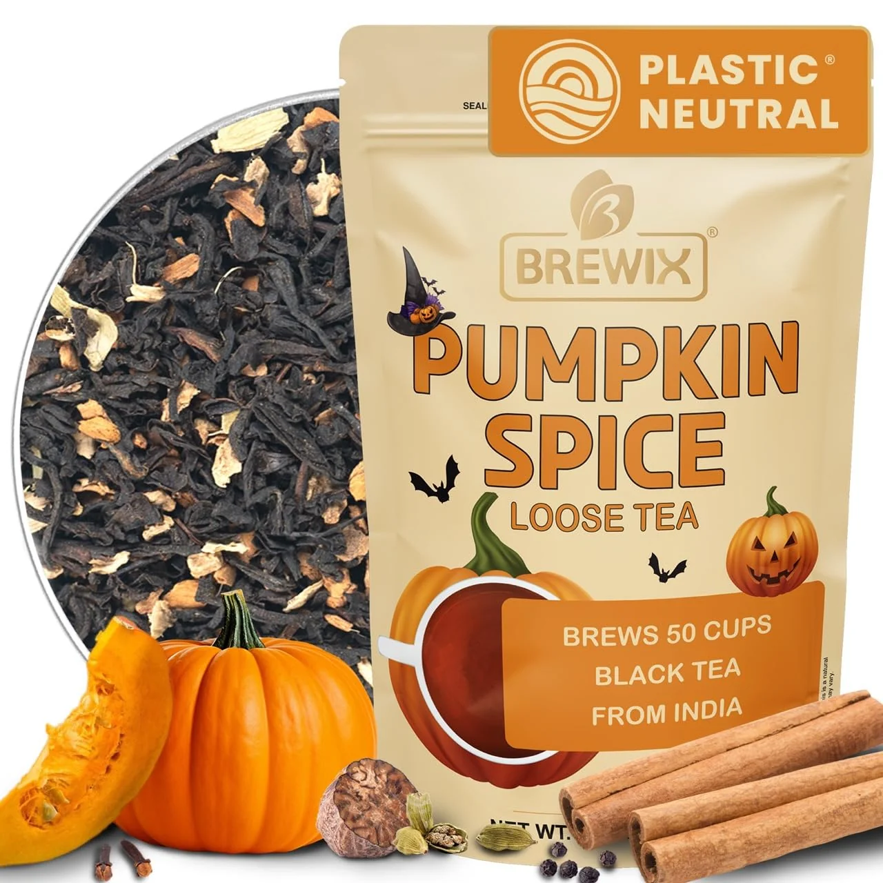 High-Grade Brewix Pumpkin Spice Black Tea Loose Leaf Tea 50 Cups 3.53oz 100g Fall Halloween Warm and Spicy Functional