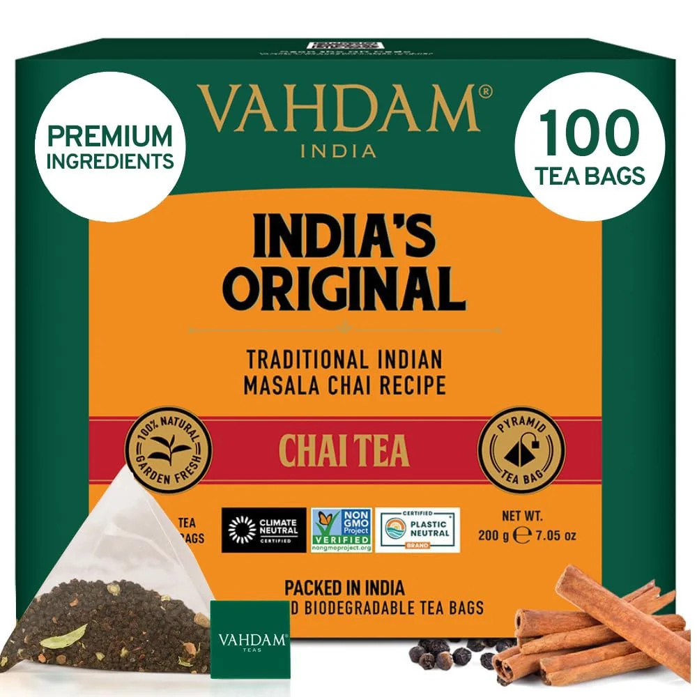 Contemporary Vahdam India’s Masala Chai Tea Bags 100 Count No Added Flavoring Blended w Exotic Spices Whole Leaf Tea Bags Resealable Ziplock Pouch Detailed