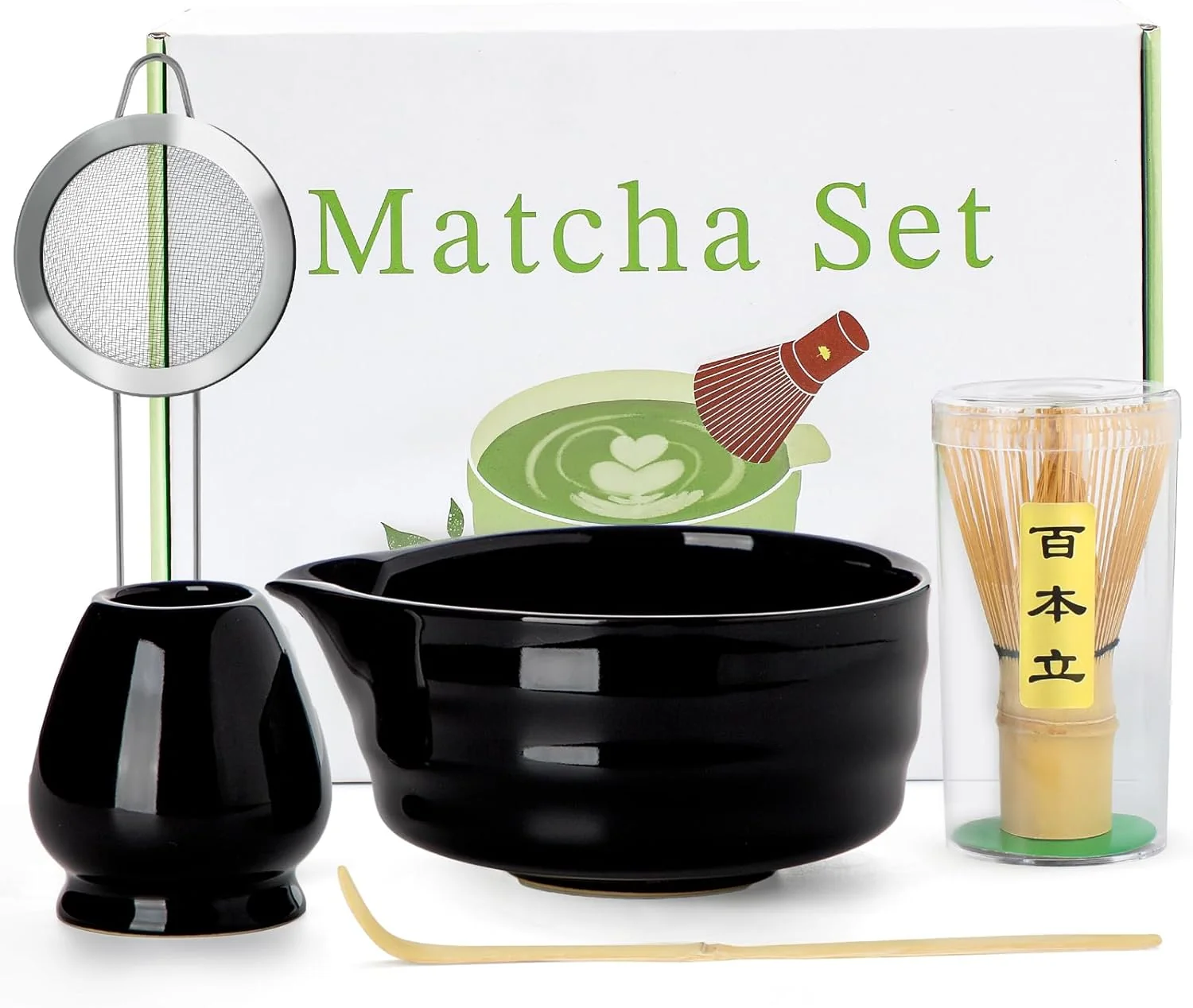 Certified Matcha Whisk Set – 5PCS Matcha Set Includes 17OZ Chawan with Spout Bamboo Chasen Whisk with Ceramic Holder Wooden Scoop and Stainless Sifter Organic