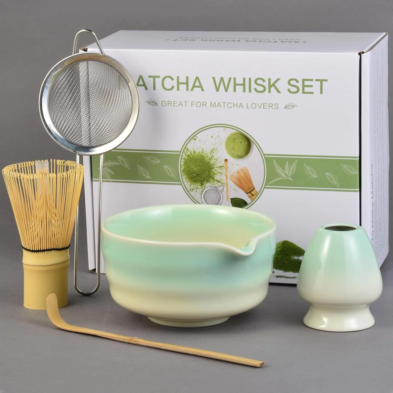Prestigious Matcha Whisk Set 5pcs Japanese Ceremony Matcha Tea Kit Includes Ceramic Matcha Bowl with Spout Bamboo Whisk Holder Traditional Scoop Healthy