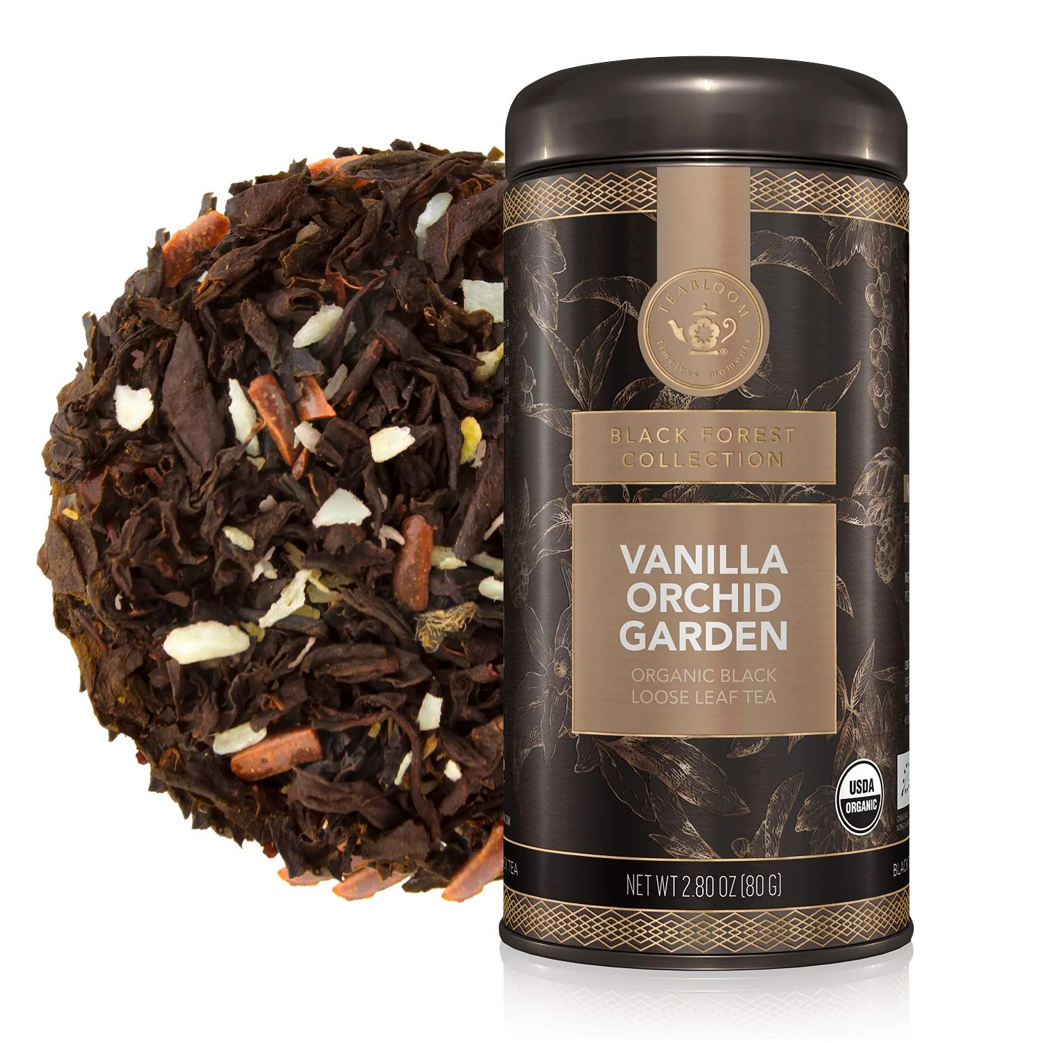 Traditional Teabloom Organic Black Tea Vanilla Orchid Garden Loose Leaf Tea USDA Organic and Kosher 2.80 Ounce Canister Makes 35-50 Cups Authentic