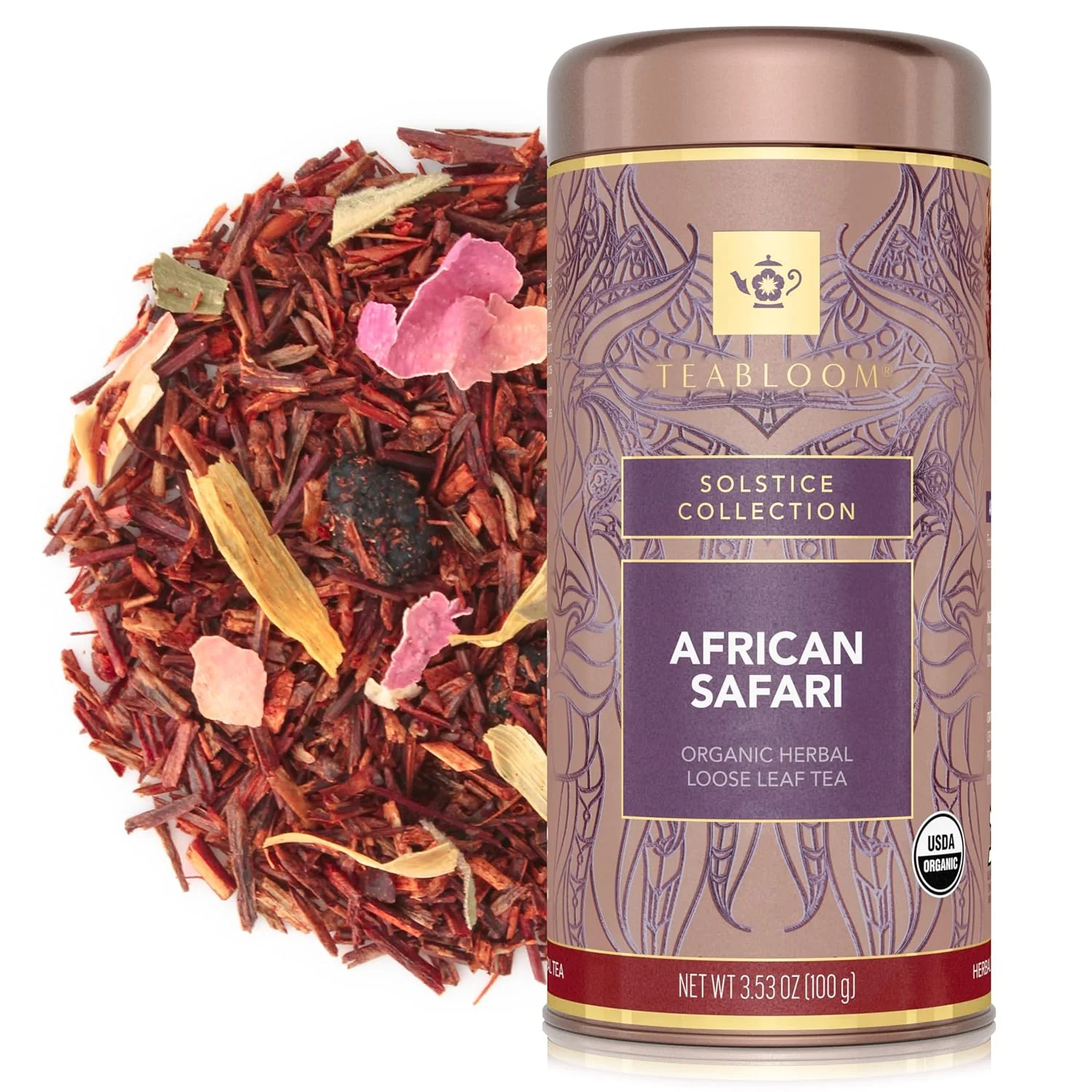 Reliable Teabloom Organic Herbal Tea African Safari Loose Leaf Tea Sweet Rooibos Blend with Berry Flavors and Vanilla USDA Organic Fresh Whole Leaf Blend in Reusable Gift Canister 3.53 oz 100 g Canister Makes 35-50 Cups Fine