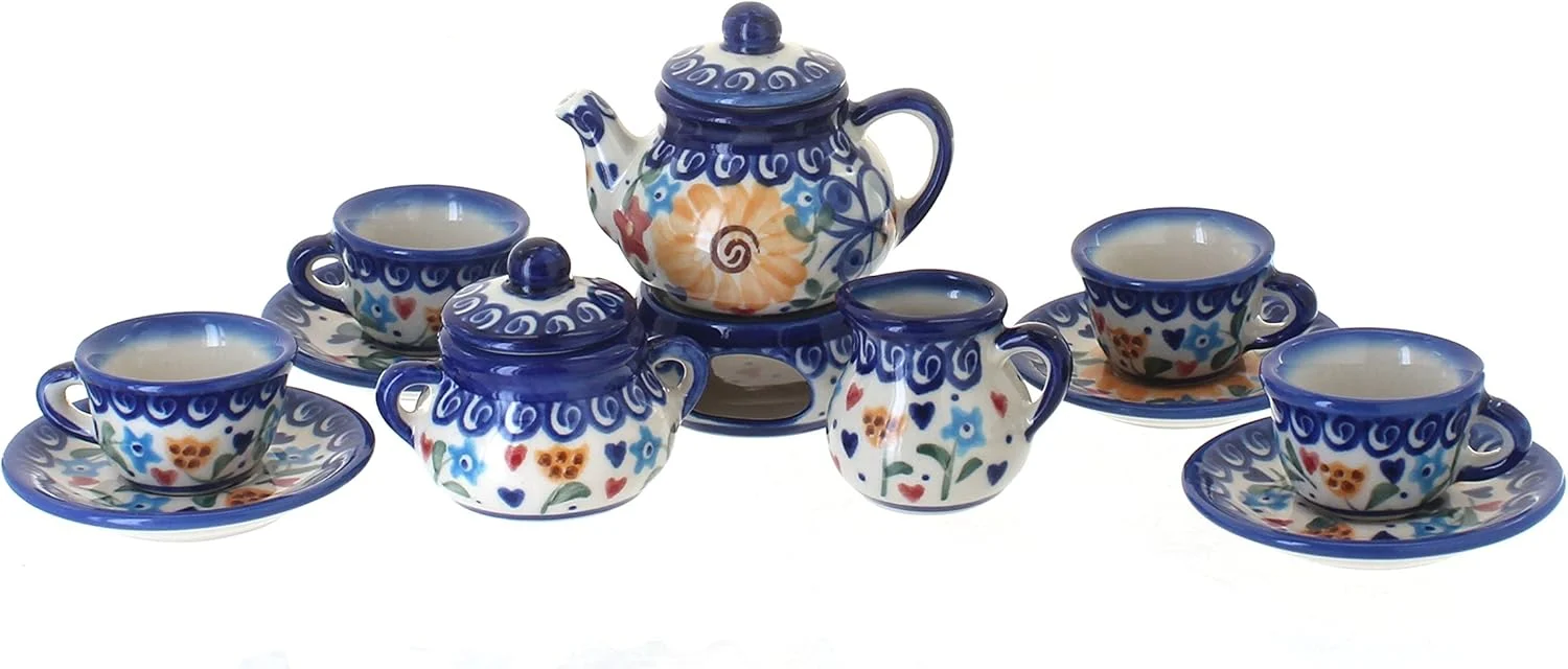 Recyclable Blue Rose Polish Pottery – Yellow Butterfly Miniature Tea Set – 1 Set – Polish Pottery Collectible Tea Set with Teapot Cups Decorative Gift Functional