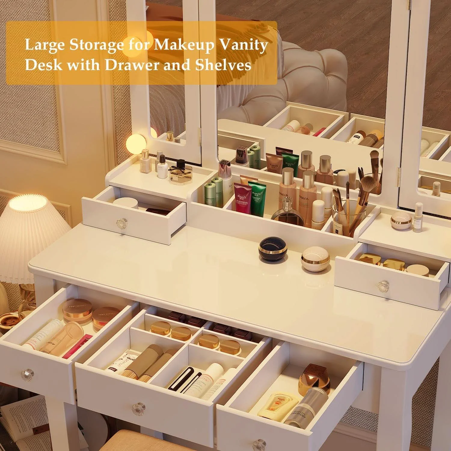 Soft Makeup Vanity Desk With Highgloss LED Illumination Durable