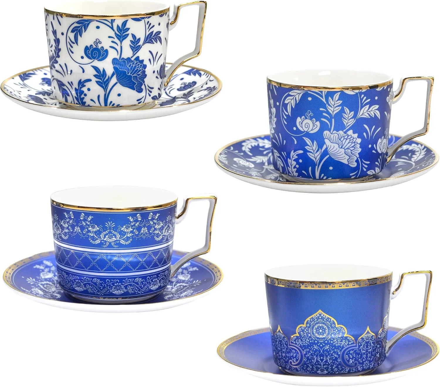 Authentic ACMLIFE Bone China Tea Cups and Saucers Set of 4 6.8 oz Blue and White Tea Cups Set of 4 with Gold Trim and Gift Box Blue-4 Pure