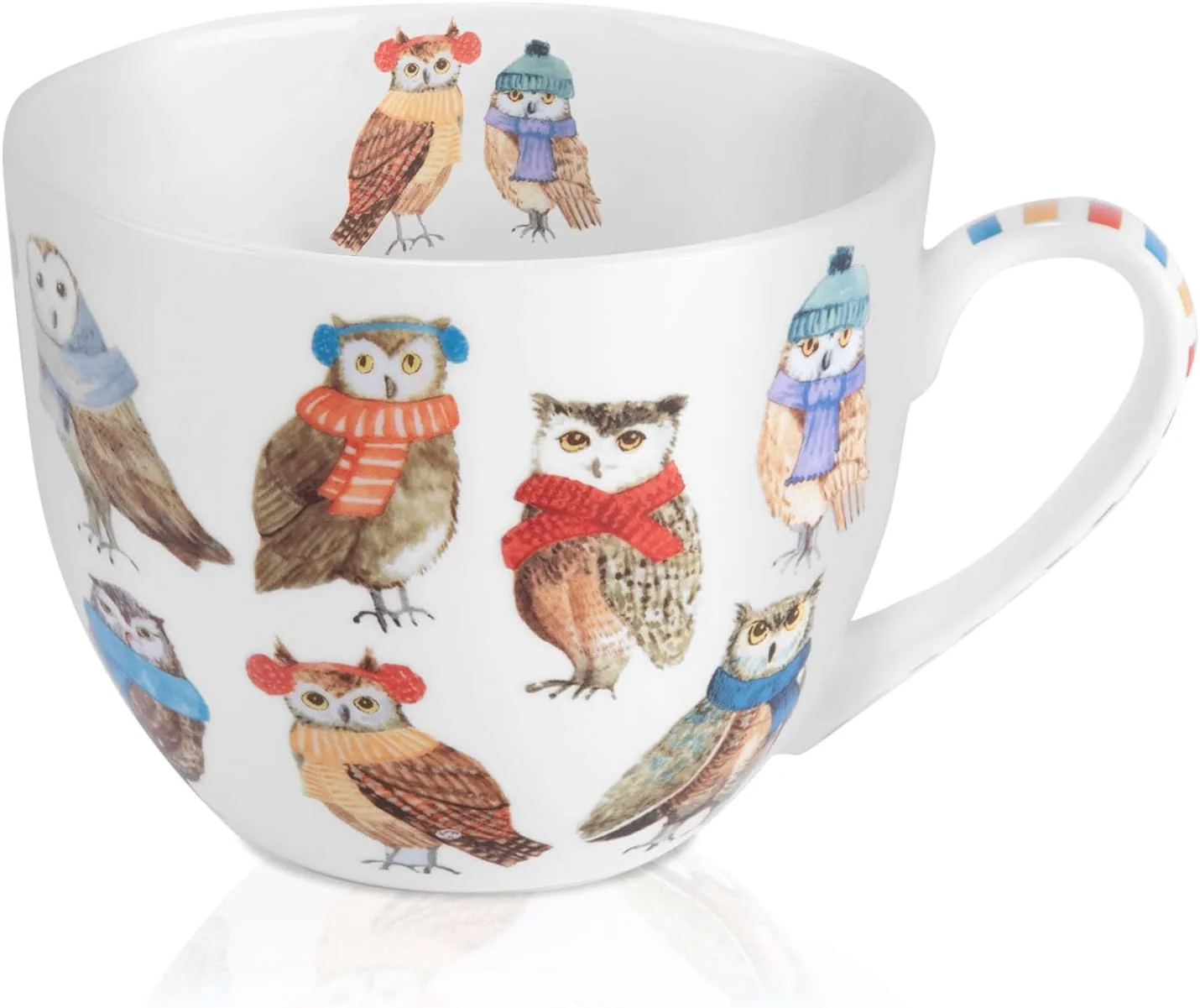 Lightweight Cute Owl Coffee Mug 20 oz Premium Bone China Mug with Charming Owls in Color Scarves and Hats—Cozy Wise and for Bird Enthusiasts Specialty