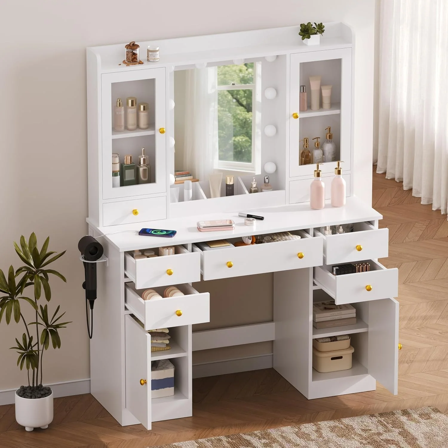 Classic White Vanity Desk With Adjustable Multicolor Lighting Next-Generation