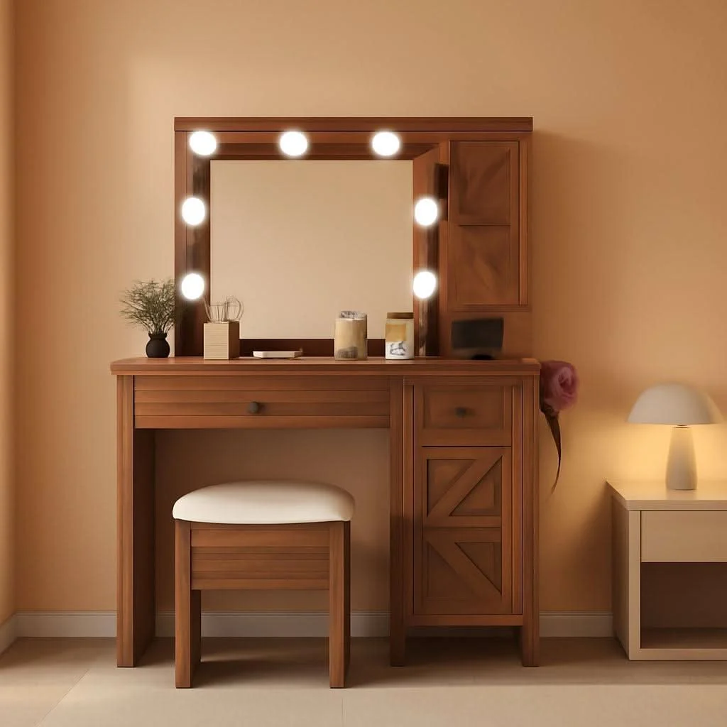 Lightweight Contemporary Rustic Brown Vanity Desk With Lighting Comfortable