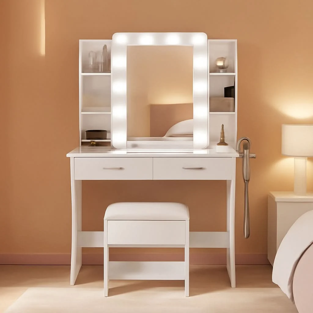 Casual Vanity Desk White Ceramic Finishes LED Illumination Green