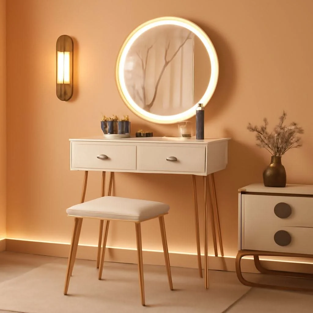 Durable Makeup Vanity Desk White Goldtone Illuminating Mirror Comfortable
