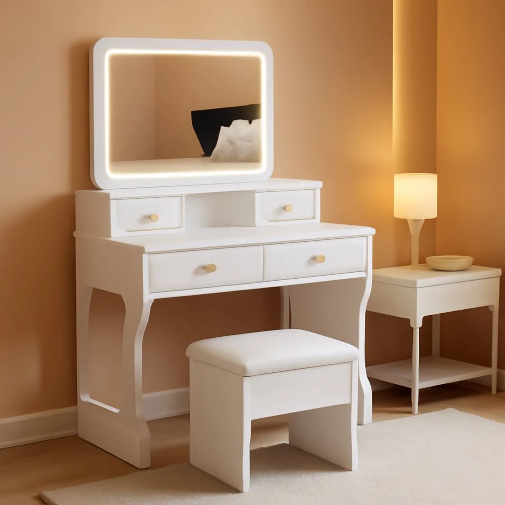 Flexible White Vanity Desk Featuring Multifunctional LED Mirror Smart