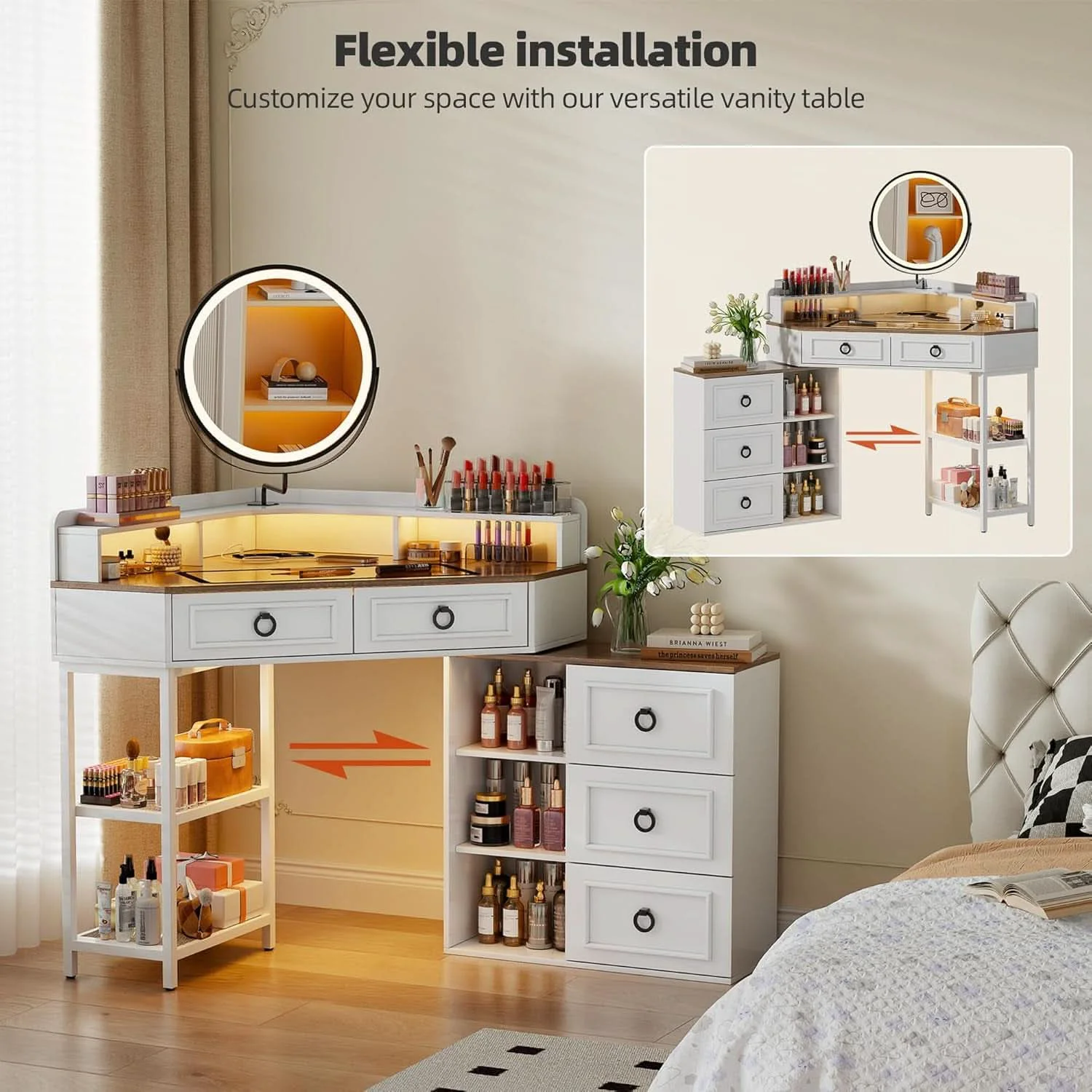 Casual Corner Vanity Desk With Rotating Mirror Illumination Modern