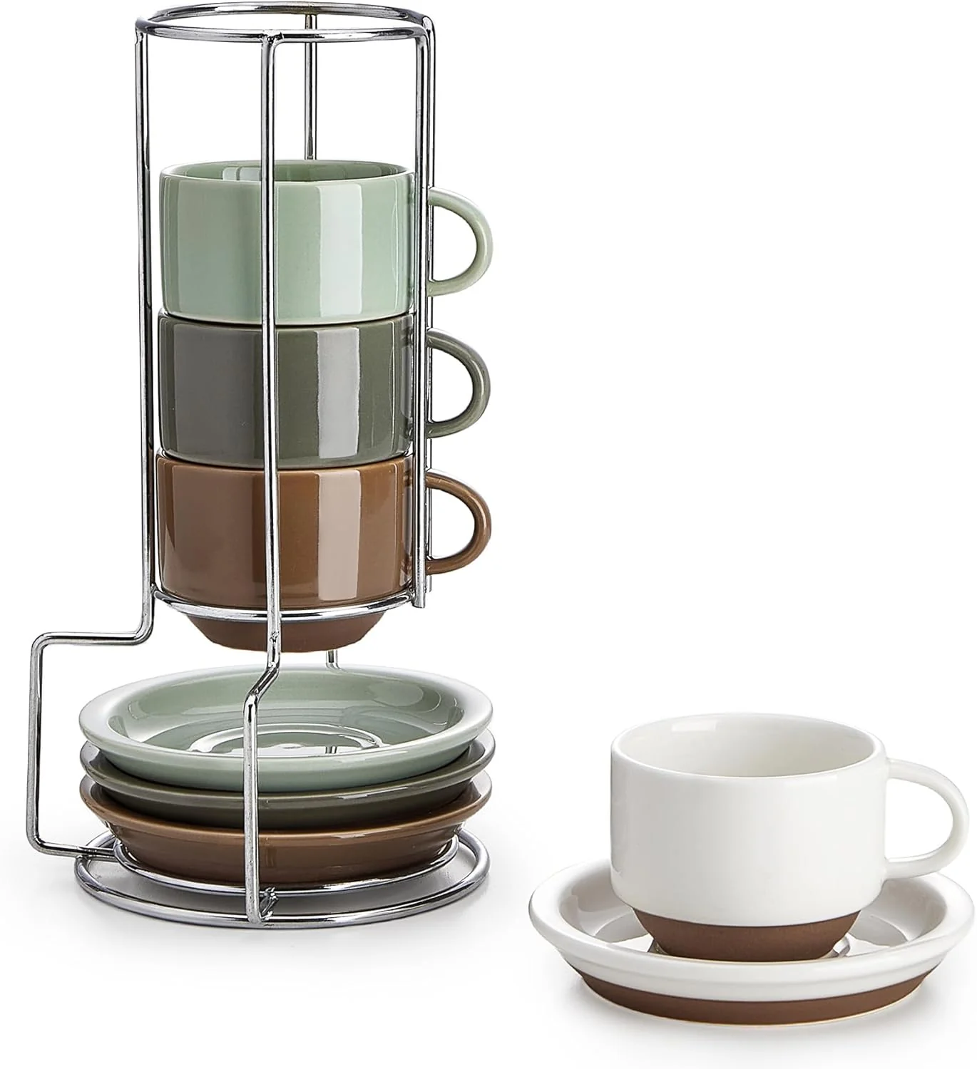 Secure Sweese 2.5 Ounce Espresso Cups Set of 4 Porcelain Stackable Coffee Cups with Saucers and Metal Stand Multicolor Professional