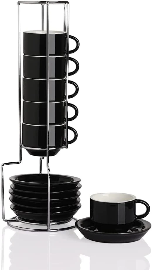 Fine Sweejar Porcelain Espresso Cup Saucer Set Stackable Demitasse Cups with Metal Stand 2.5 OZ for Latte Coffee Cafe Mocha Tea Set of 6 Black Fashionable