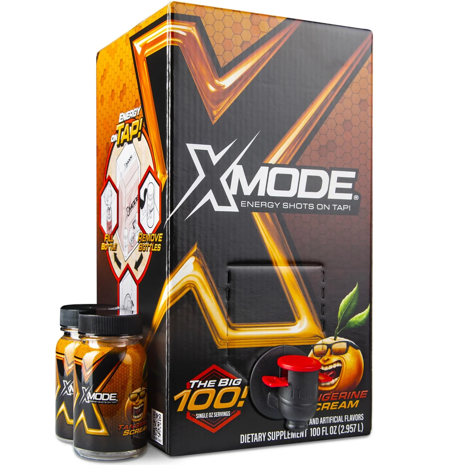 Casual XMODE Extra Strength Energy Shots on Tap – Tangerine Flavor Sugar 150mg Caffeine per oz B12 100 1oz Servings Dispenser with 2 Refillable Bottles Fine Crafted