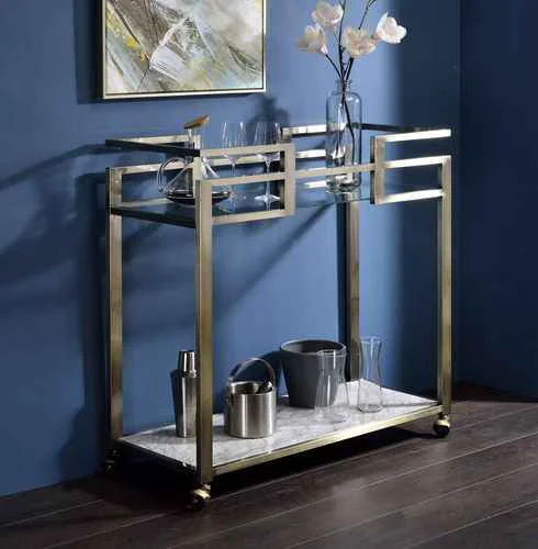 Comfortable Neilo – Serving Cart – Clear Glass Faux Marble Top Wire Brass Artisan