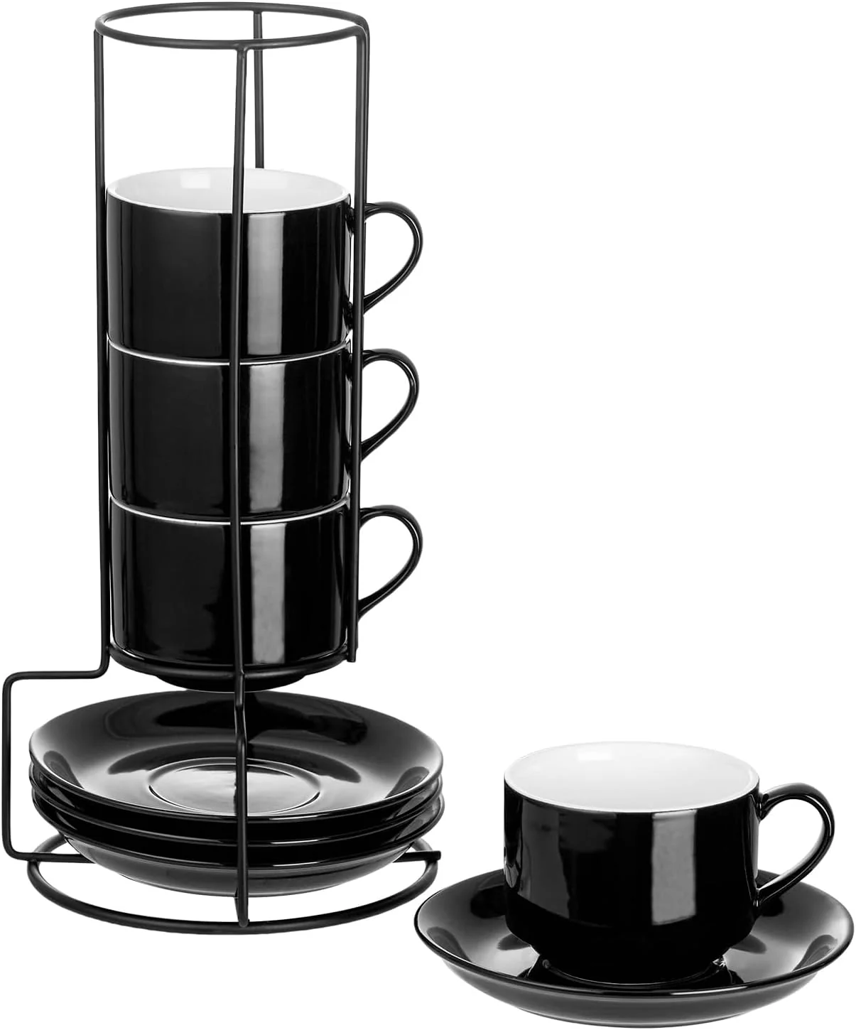 Refined Yolife 8oz Porcelain Stackable Cappuccino Cups with Saucers and Metal Stand Set of 4 Coffee cups for Espresso Specialty Coffee Drinks Latte Selected