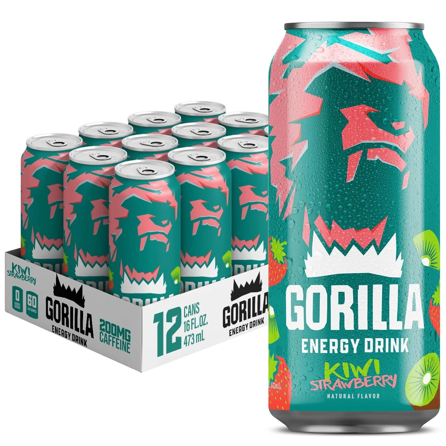 Functional Gorilla Energy Drink Kiwi Strawberry 200mg Natural Caffeine Fruit Juice Squeezed amp Concentrated L-Theanine Taurine Ginseng Acetyl L-Carnitine No Added Sugar and No Artificial Colors 12 Pack Elegant