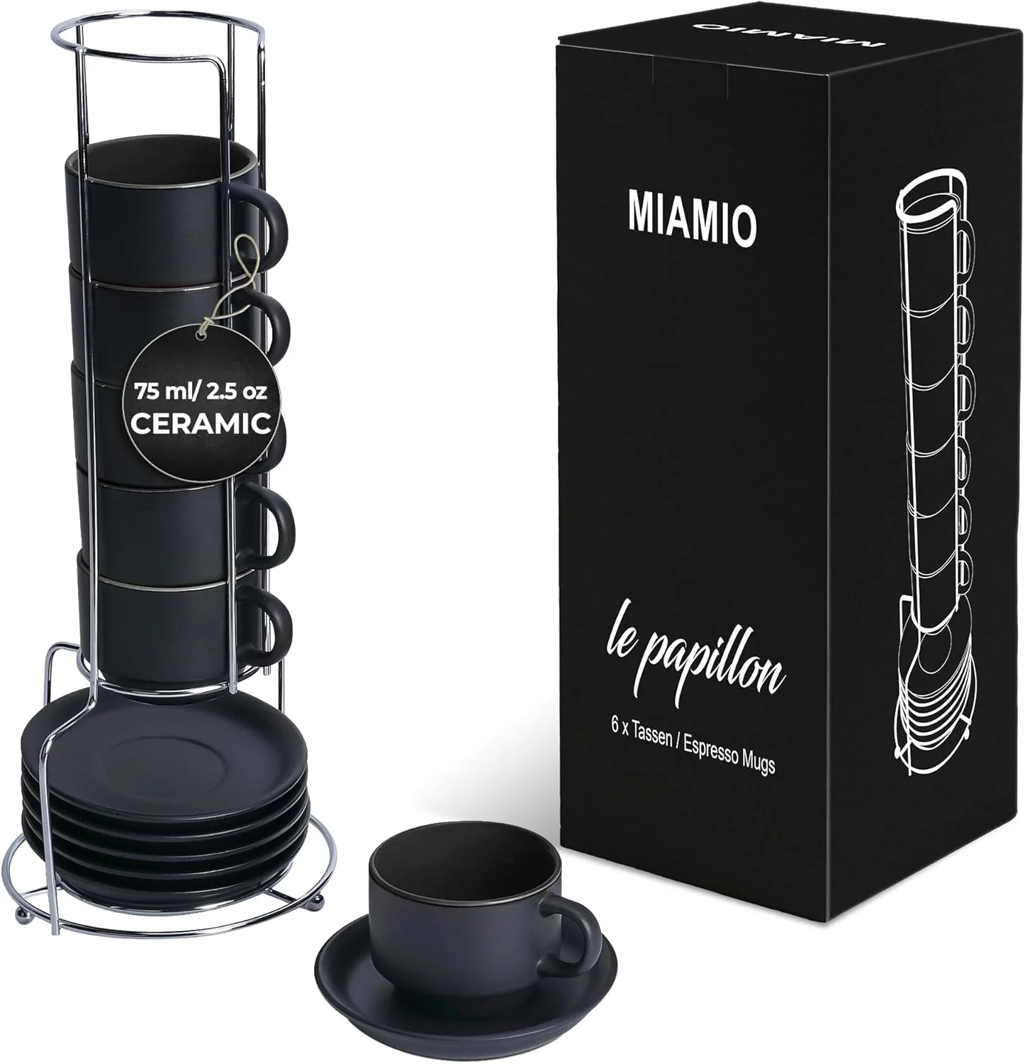 Versatile Miamio – 2.5 oz Espresso Cup Set with Saucers Coffee Mug Set of 6 – Ceramic Coffee Mug Stackable Espresso Mug with Stand for Coffee Drinks Latte Flexible