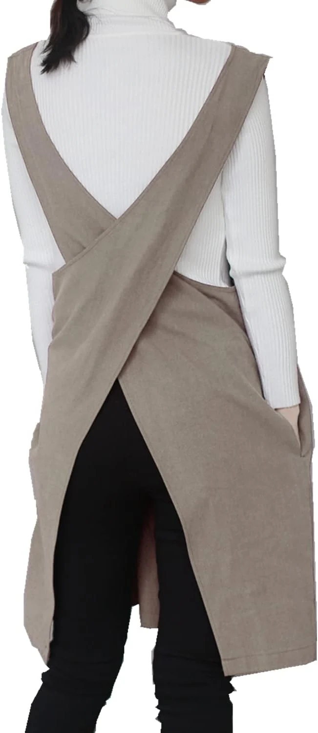 Pure Cotton Linen Japanese Apron Halter Cross Back Bandage X Shape Aprons Two Pockets World-Class